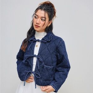 XS DENIM TIE FRONT BOW QUILTED JACKET